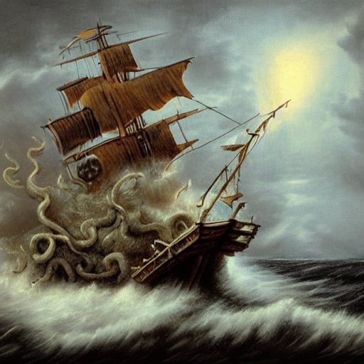 strong monstrous muscular kraken attacking a naval ship, stormy sea, shining sun